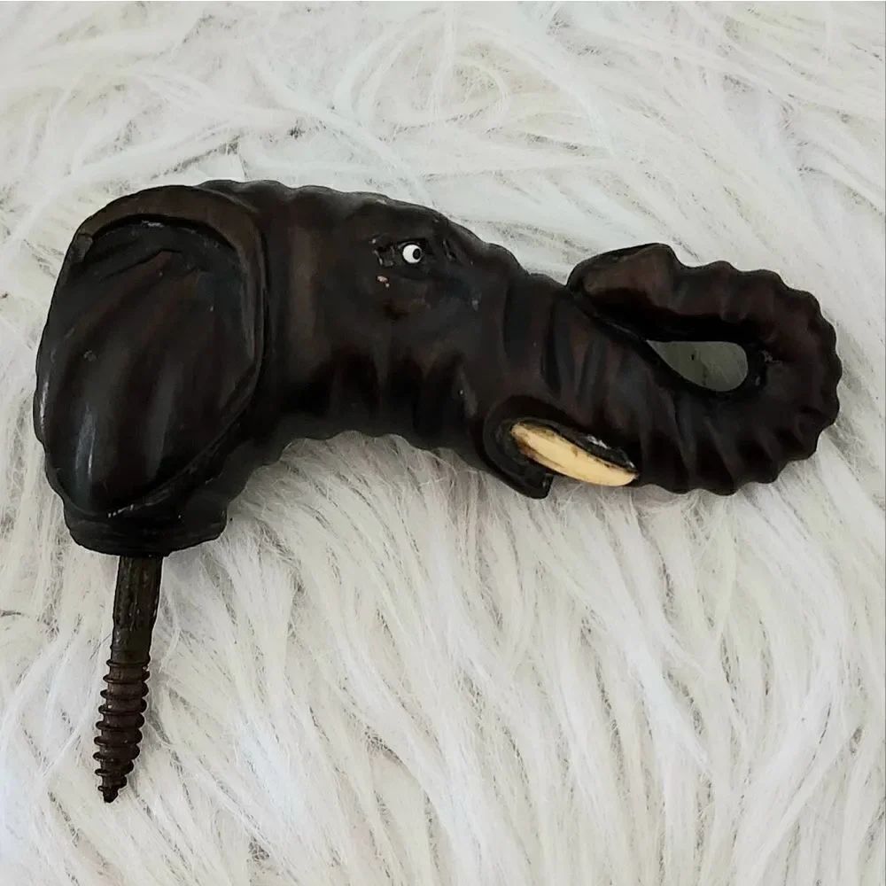 Elephant antique head topper wooden raised trunk brown